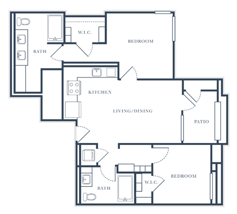 A floor plan of a house with a living room, kitchen, two bedrooms, and a bathroom.